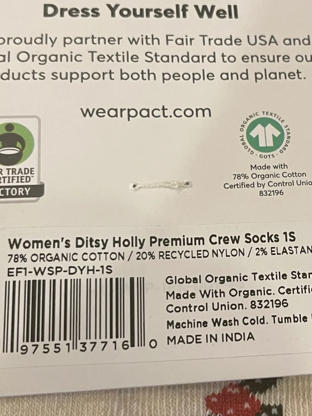 NEW! Pact Ditzy Holly  Premium Crew Socks Two Pair NWT!